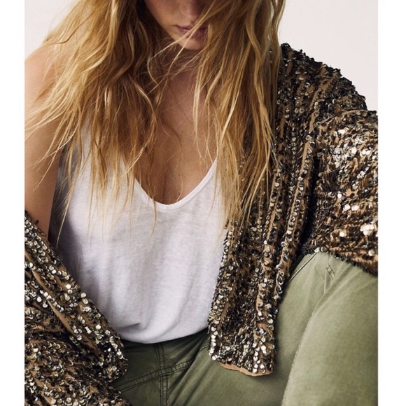 Free People Seeing Stars M/L Gold Black Allover Sequin Embellished Open Jacket - Picture 7 of 9